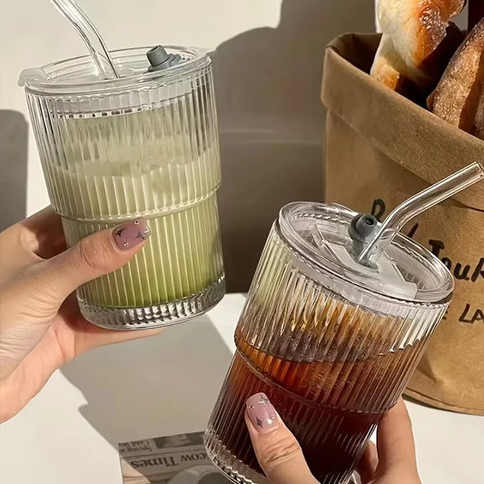 Minimalist Nordic Stripe Iced Coffee Glass [with Lid + Straw]