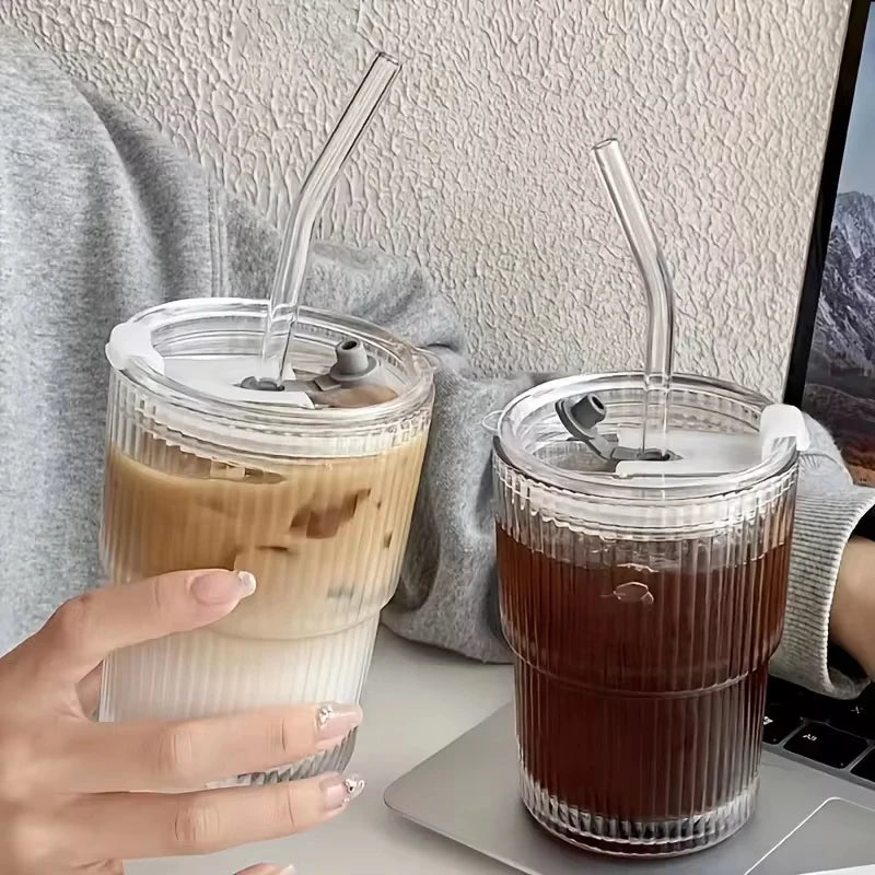 Minimalist Nordic Stripe Iced Coffee Glass [with Lid + Straw]